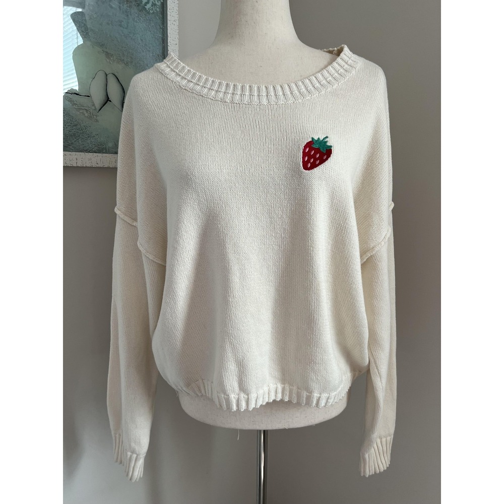 Happily Grey Sweater Womens Large White Strawberry Embroidered Knit Pullover